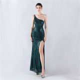 Women Flower Sequin Beaded One-shoulder Evening Dress