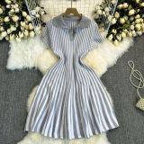 Contrast Turndown Collar Short-Sleeved Striped Women's Slim Waist Knitting Dress