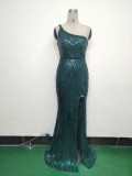 Women Flower Sequin Beaded One-shoulder Evening Dress