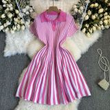 Contrast Turndown Collar Short-Sleeved Striped Women's Slim Waist Knitting Dress