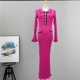 Winter Turndown Collar Knitting Dress Women Long Sleeve Fashion Chic Slim Waist Sweater Dress