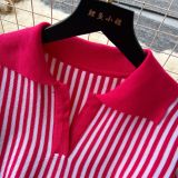 Contrast Turndown Collar Short-Sleeved Striped Women's Slim Waist Knitting Dress
