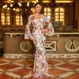 Women Long Sleeve Chic V Neck Sexy Long Sequin Formal Party Evening Dress Bridesmaid Dress