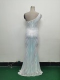 Women Flower Sequin Beaded One-shoulder Slash Shoulder Split Evening Dress