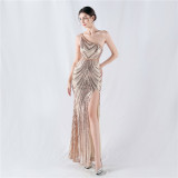 Women Flower Sequin Beaded One-shoulder Slash Shoulder Split Evening Dress