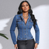 Fashionable Women's Long Sleeve Turndown Collar Pocket Denim Jacket