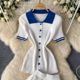 Contrast Turndown Collar Short-Sleeved Shirt Top High Waist Slim Fit Pleated Skirt Two Piece Set