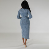 Fashion Women's Clothing Denim Patchwork Long Sleeve Slit Long Dress