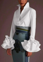 Autumn Women's Solid Color Slim Casual Ruffle Sleeve Shirt Top