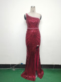 Women Flower Sequin Beaded One-shoulder Evening Dress