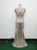 Women Flower Sequin Beaded One-shoulder Evening Dress
