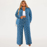 Plus Size Women's Denim Long Sleeve Two Piece Pants Set