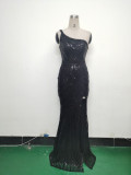 Women Flower Sequin Beaded One-shoulder Evening Dress