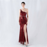 Women Flower Sequin Beaded One-shoulder Evening Dress