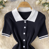 Contrast Turndown Collar Short-Sleeved Shirt Top High Waist Slim Fit Pleated Skirt Two Piece Set