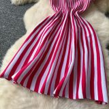 Contrast Turndown Collar Short-Sleeved Striped Women's Slim Waist Knitting Dress