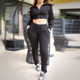 Women's Turndown Collar Zipper Top Pocket Patchwork Elastic Sweatpants Casual Two Piece Set