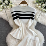 Fashion Women Sleeveless Slim Knitting Top Casual High Waist Straight Wide-Leg Pants Two-Piece Set