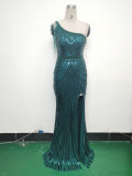 Women Flower Sequin Beaded One-shoulder Slash Shoulder Split Evening Dress