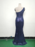Women Flower Sequin Beaded One-shoulder Evening Dress