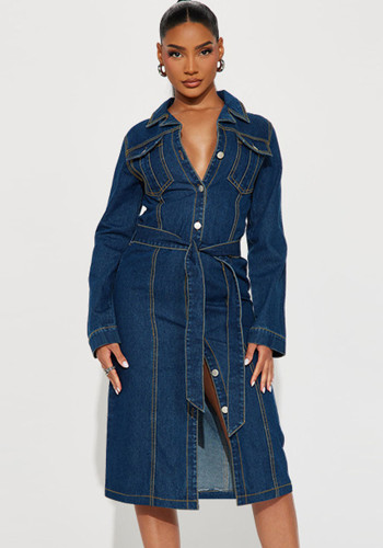 Fashion Women's Clothing Denim Long Sleeve Button Midi Dress
