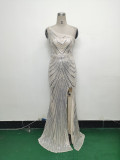 Women Flower Sequin Beaded One-shoulder Slash Shoulder Split Evening Dress