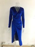 Women Sexy Leg-Exposing Long Sleeve Velvet Dress