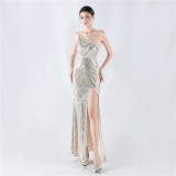 Women Flower Sequin Beaded One-shoulder Evening Dress