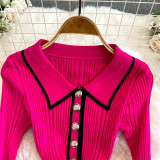 Winter Turndown Collar Knitting Dress Women Long Sleeve Fashion Chic Slim Waist Sweater Dress