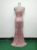 Women Flower Sequin Beaded One-shoulder Slash Shoulder Split Evening Dress
