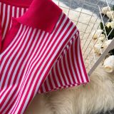 Contrast Turndown Collar Short-Sleeved Striped Women's Slim Waist Knitting Dress