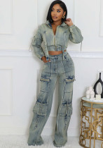 Women's Fashion Sexy Multi-Pocket Washed Denim Casual Two-Piece Pants Set