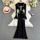 Winter Turndown Collar Knitting Dress Women Long Sleeve Fashion Chic Slim Waist Sweater Dress