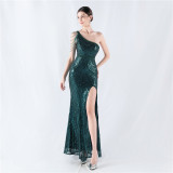 Women Flower Sequin Beaded One-shoulder Slash Shoulder Split Evening Dress