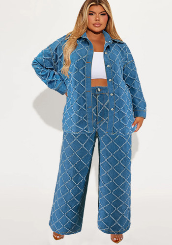 Plus Size Women's Denim Long Sleeve Two Piece Pants Set