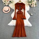 Winter Turndown Collar Knitting Dress Women Long Sleeve Fashion Chic Slim Waist Sweater Dress