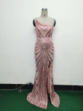 Women Flower Sequin Beaded One-shoulder Evening Dress
