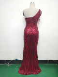 Women Flower Sequin Beaded One-shoulder Slash Shoulder Split Evening Dress
