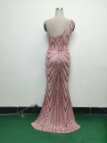Women Flower Sequin Beaded One-shoulder Evening Dress