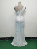Women Flower Sequin Beaded One-shoulder Evening Dress