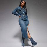 Women's Turndown Collar Button Long Sleeve Slit Denim Long Dress