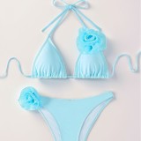 Solid Color Triangle Cup Flower Low Back Sexy Bikini Swimsuit