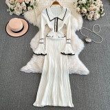 Winter Turndown Collar Knitting Dress Women Long Sleeve Fashion Chic Slim Waist Sweater Dress