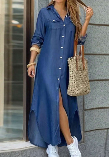 Spring Autumn Fashion Turndown Collar Button Denim Long Sleeve Long Dress