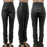 Autumn Winter Women's Fashion Button Zipper Elastic Stacked Leather Pants