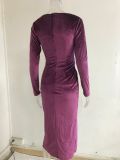 Women Sexy Leg-Exposing Long Sleeve Velvet Dress