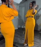 Women's Summer Turndown Collar Fake Pocket Shirt Top Slim Slit Skirt Two Piece Set