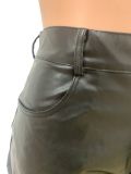 Autumn Winter Women's Fashion Button Zipper Elastic Stacked Leather Pants