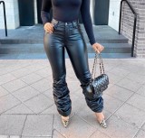 Autumn Winter Women's Fashion Button Zipper Elastic Stacked Leather Pants