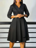 Women's Autumn Winter Fashion V-Neck Solid Color High Waist African Dress